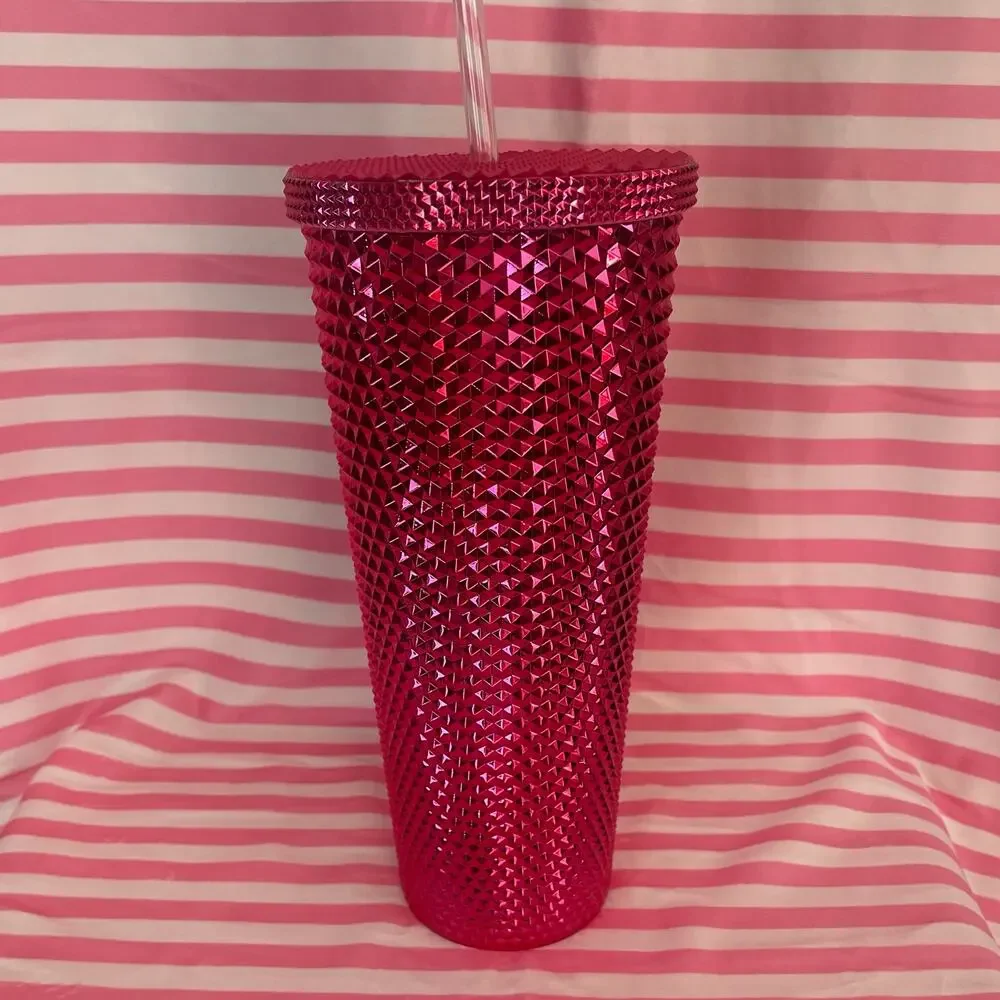 Barbie 24 oz studded hot pink tumbler metallic double wall insulated plastic NWO